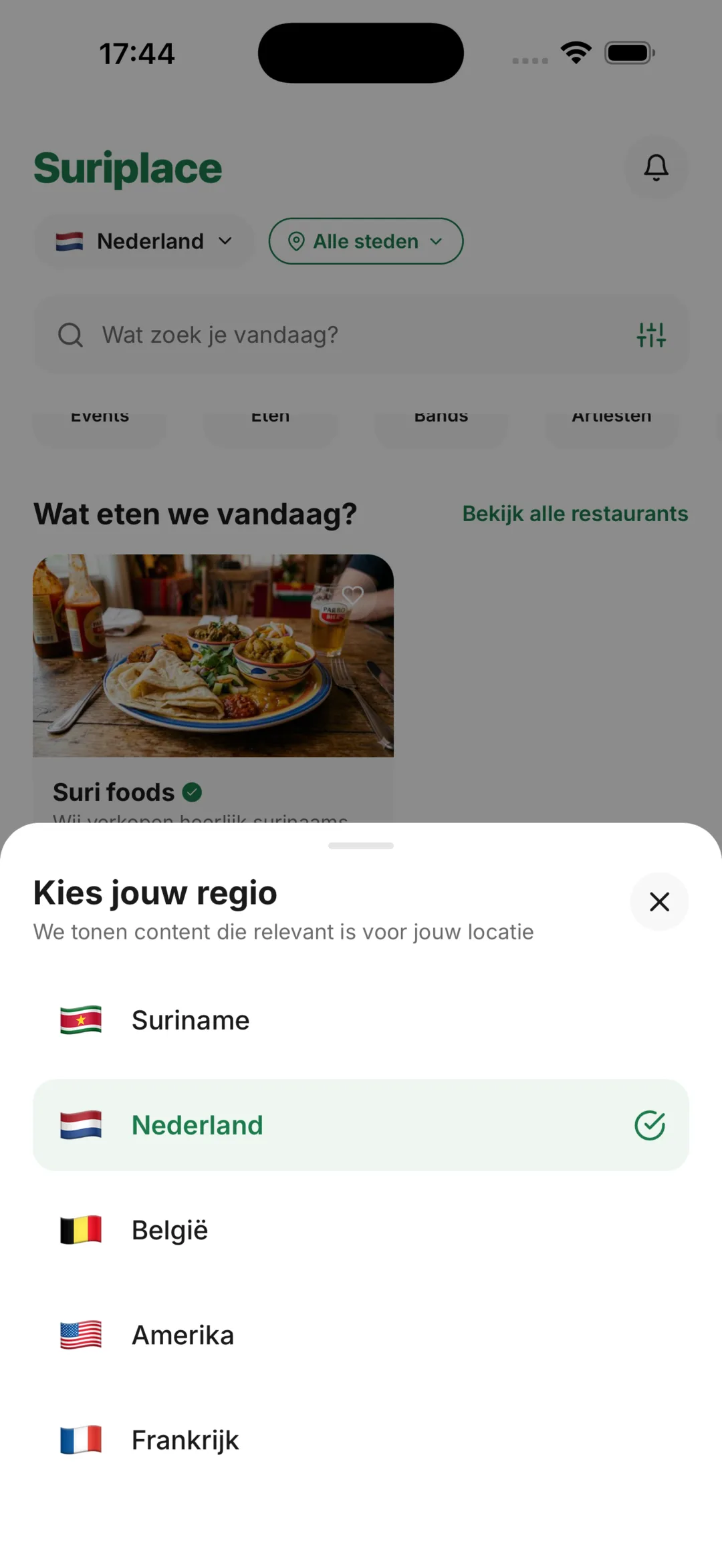 Suriplace app: regio-picker met 5 landen